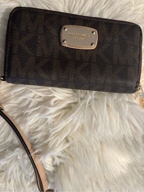 Michael Kors Brown Logo Zip Wristlet with Gold Plate
